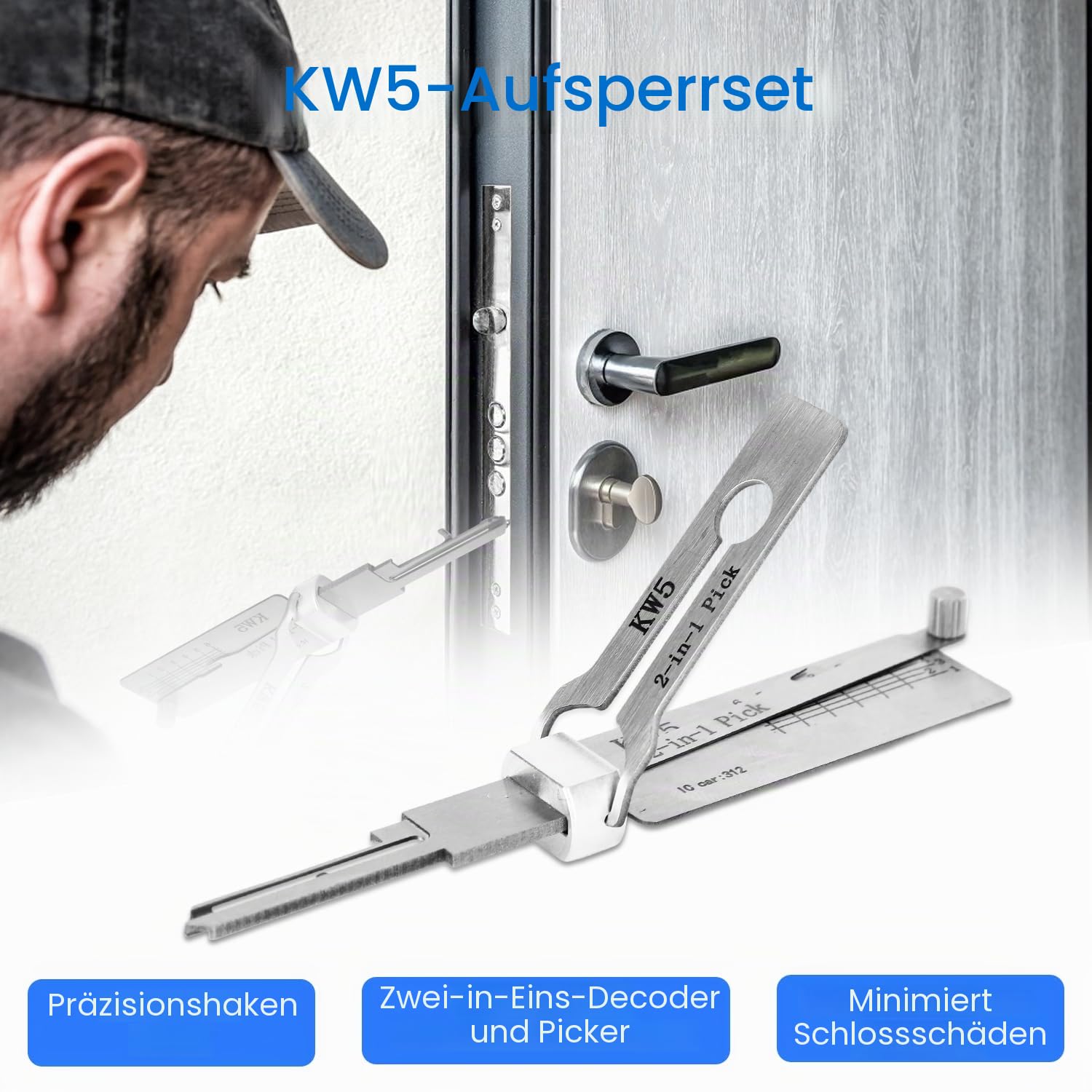 Kw5 2-in-1 Dietrich- und Decoder-Werkzeug, Eisen-Master-Schlüssel-Decoder, professionelles Schlosser-Werkzeug, Autoschlüssel-Lesegerät, Edelstahl-Auto-Lock-Picking-Kit für Anfänger