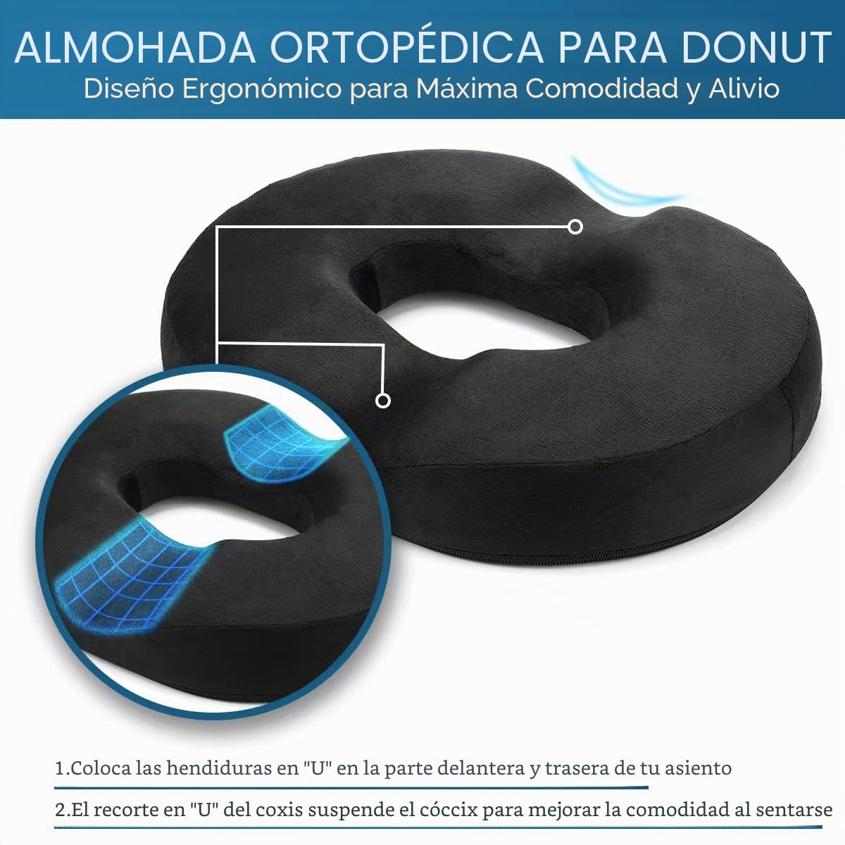 Cojín de Espuma viscoelástica Donut para Silla de Oficina, Coche y Silla de Ruedas, 45 cm, Color Negro