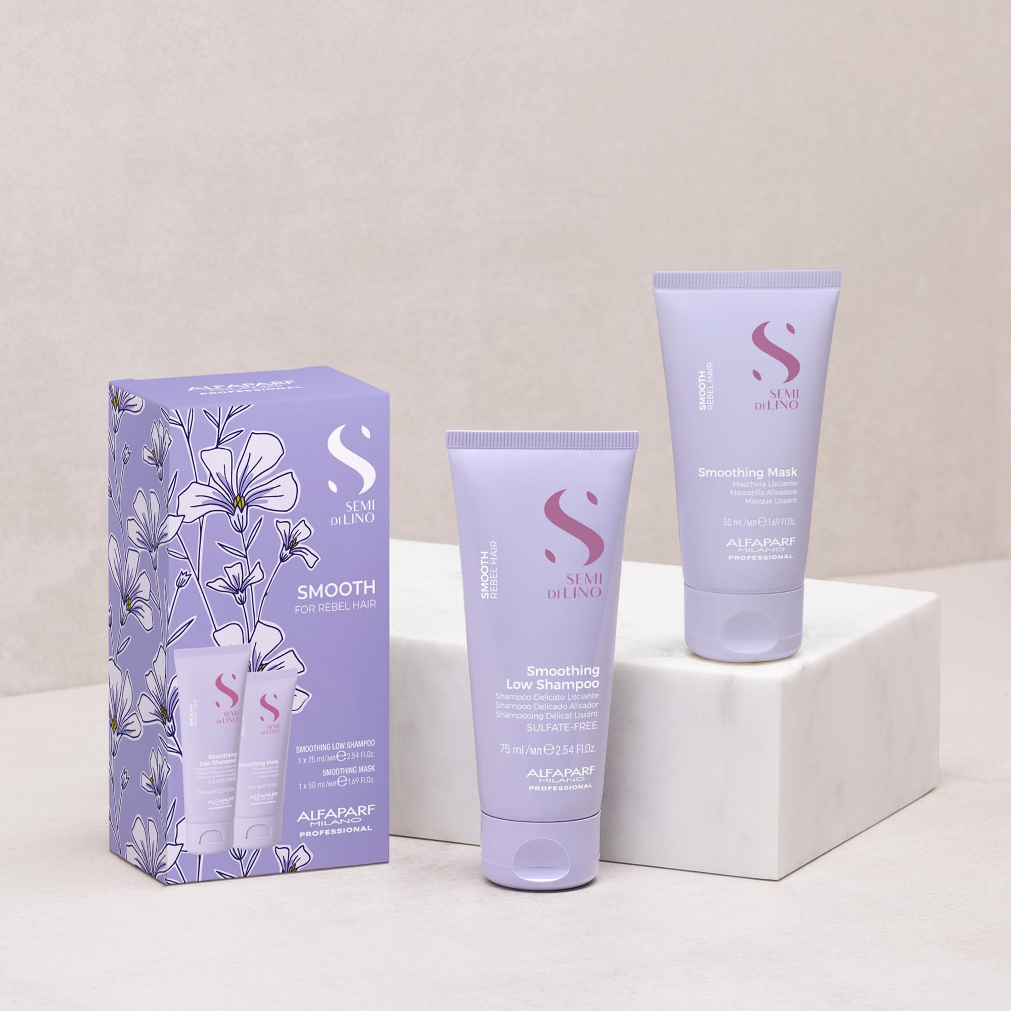 Alfaparf Milano Semi di Lino Smooth Travel Size Shampoo and Hair Mask Set for Frizzy Hair - Straightens Rebel Hair - Smoothing Hair Products