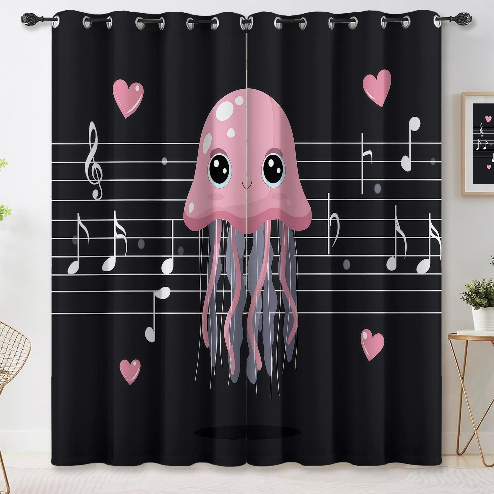 Generisch Cartoon Tiere Verdunkelungsvorhang, Qualle Notenlinien Herz Noten Bedruckter Wärmeisoliert Vorhänge mit Ösen, Schwarz Vorhang für Schlafzimmer Wohnzimmer, H215 x B110 cm x 2 Vorhänge