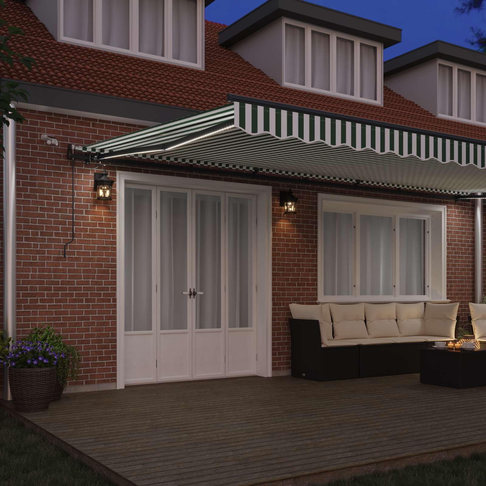 Elektrische Kassettenmarkise 600 x 300 cm mit LED,Gelenkarmmarkise Markise, Automatisch Gelenkarmmarkise Terrassenmarkise Grün und Weiß