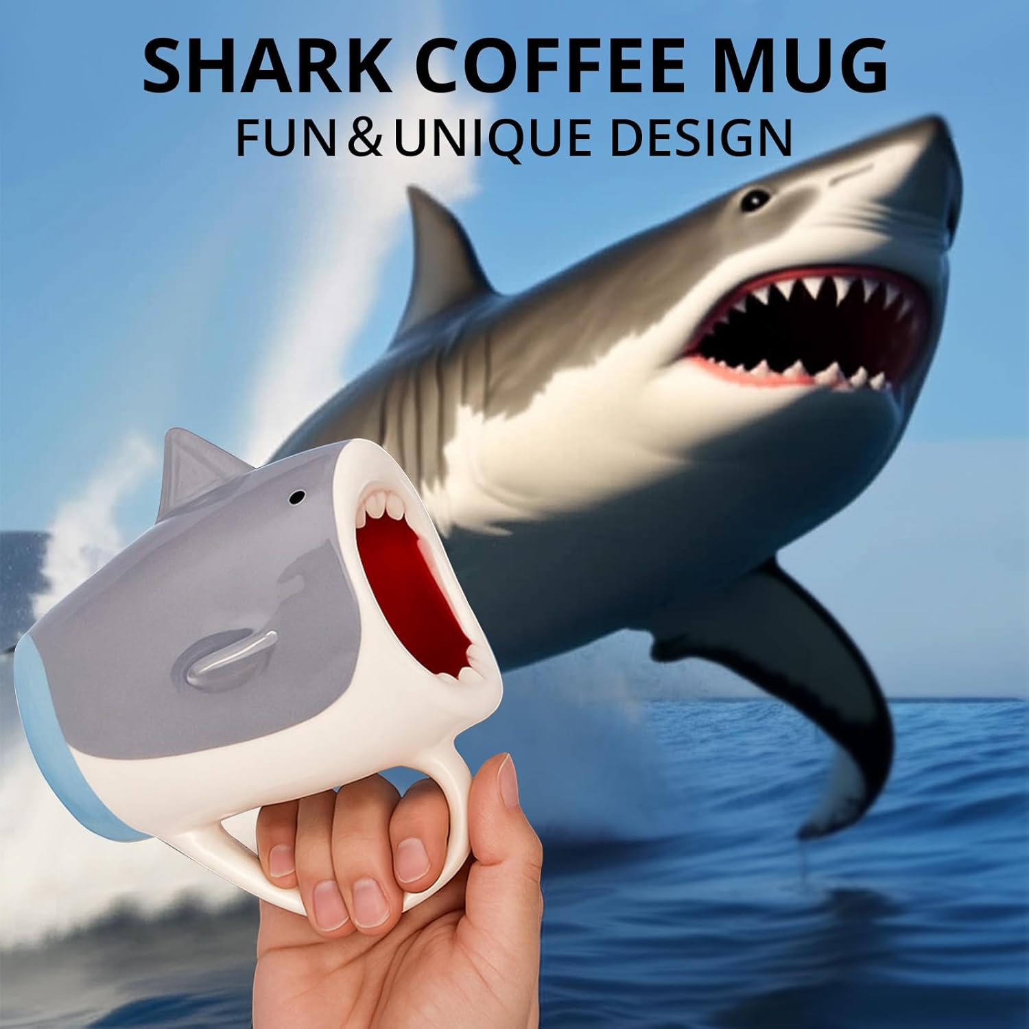 13.5 oz Funny 3D Shark Ceramic Coffee Mug, Cute Gray White Cartoon Handmade Figurine Tea Cup Novelty Coffee Cup with Handle for Shark Lovers Holiday Birthday Gifts for Women Men Mom Dad - Image 2