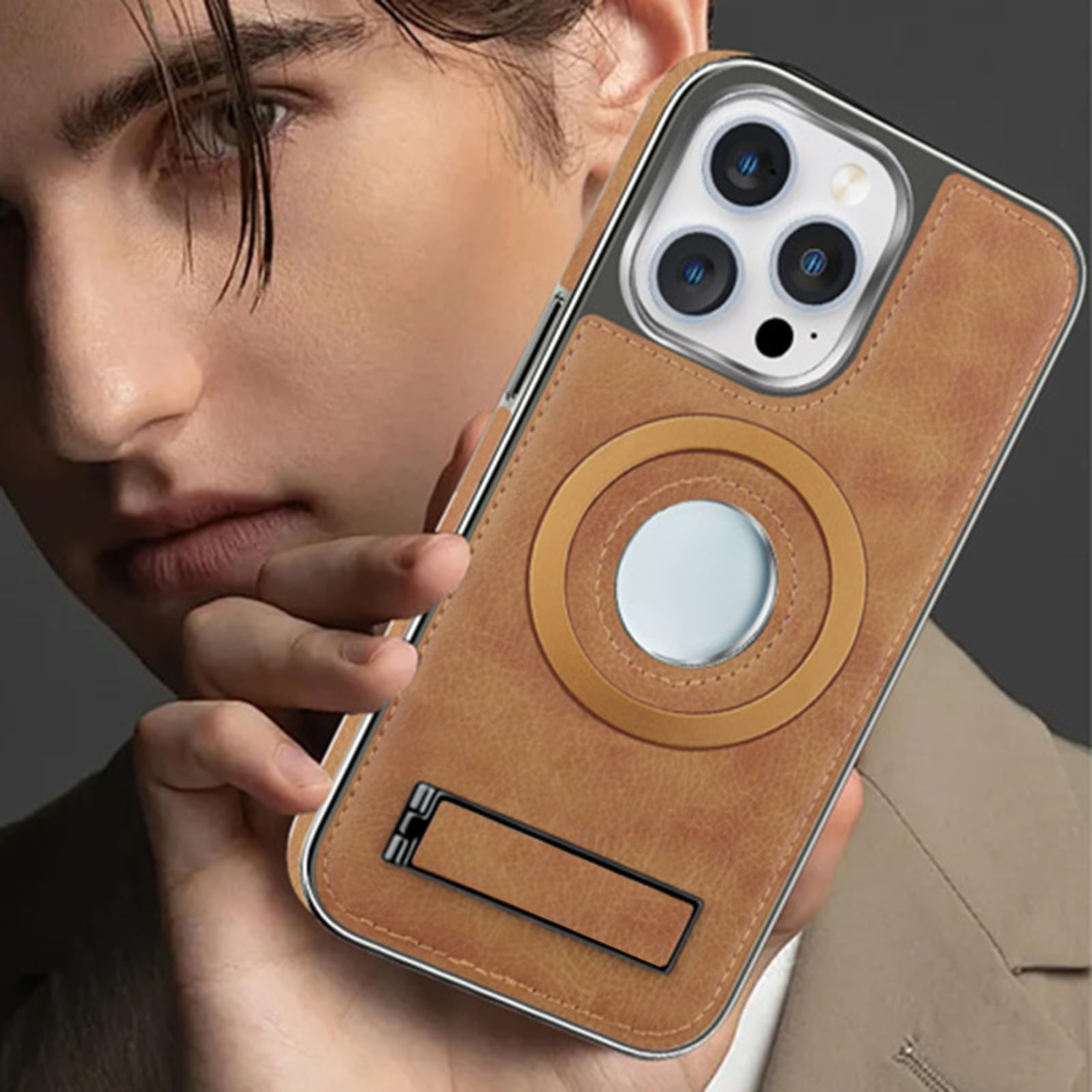 Etui na iPhone 16 Pro Max/16 Pro/16 Plus/16, ze stojakiem w stylu biznesowym magnetyczne skórzane etui na telefon logo widoczna powłoka ochronna, fioletowy, 16