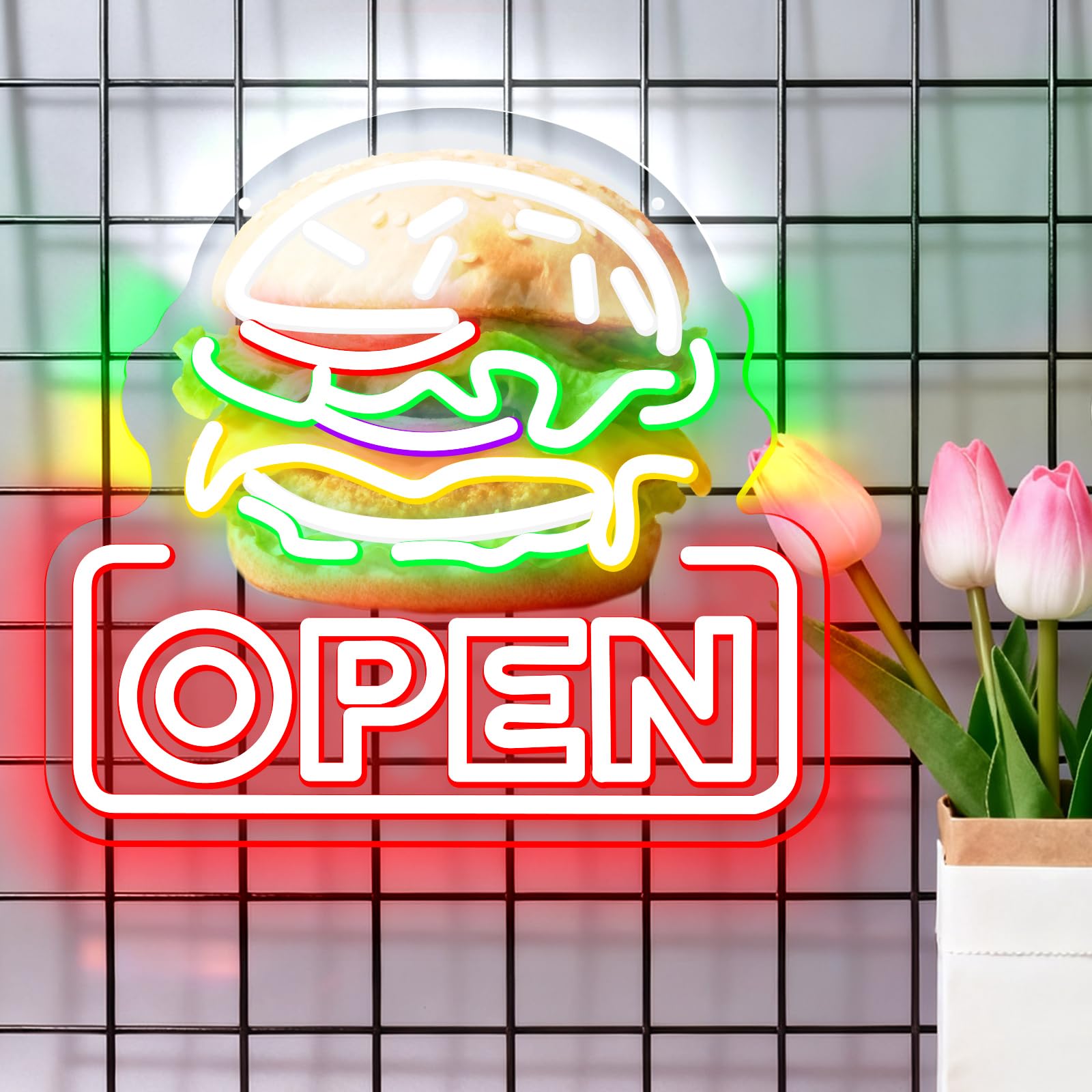 Hamburg OPEN Neon Light UV Print Art With Dimmable Hamburg LED Neon Sign Suitable for Wall Decoration In Fast Food Restaurants Eateries and Snack Shops Powered By USB(5V 13 * 15 in) — image 1