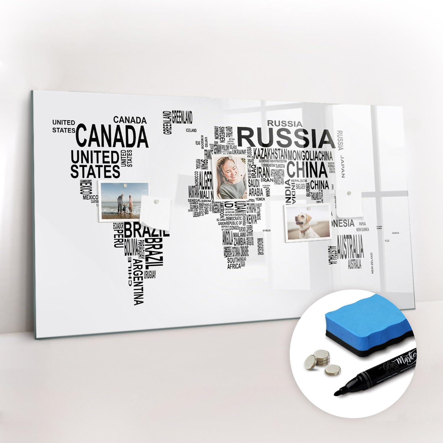 Whiteboard Glas magnetisch inkl. Neodym-Magnete, Marker & Schwamm | Stylisch, kratzfest & leicht zu reinigen | Ideal für Organisation & Teams- 120x60 - Kontinente aus Buchstaben
