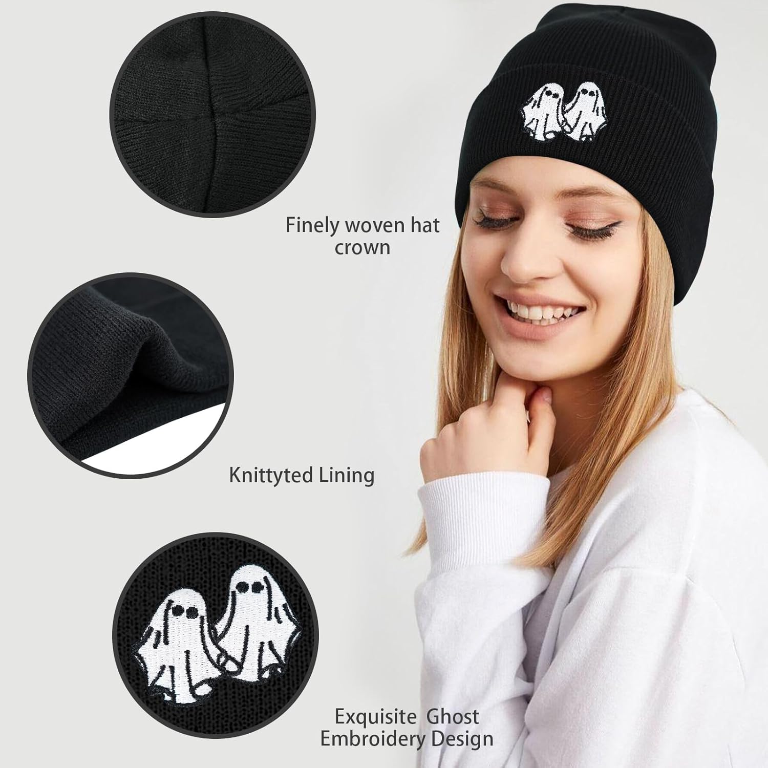 Ghost Beanie Hat Black, Cute Funny Goth Embroidery Winter Knit Skull Cap for Adult Men Women - Image 2