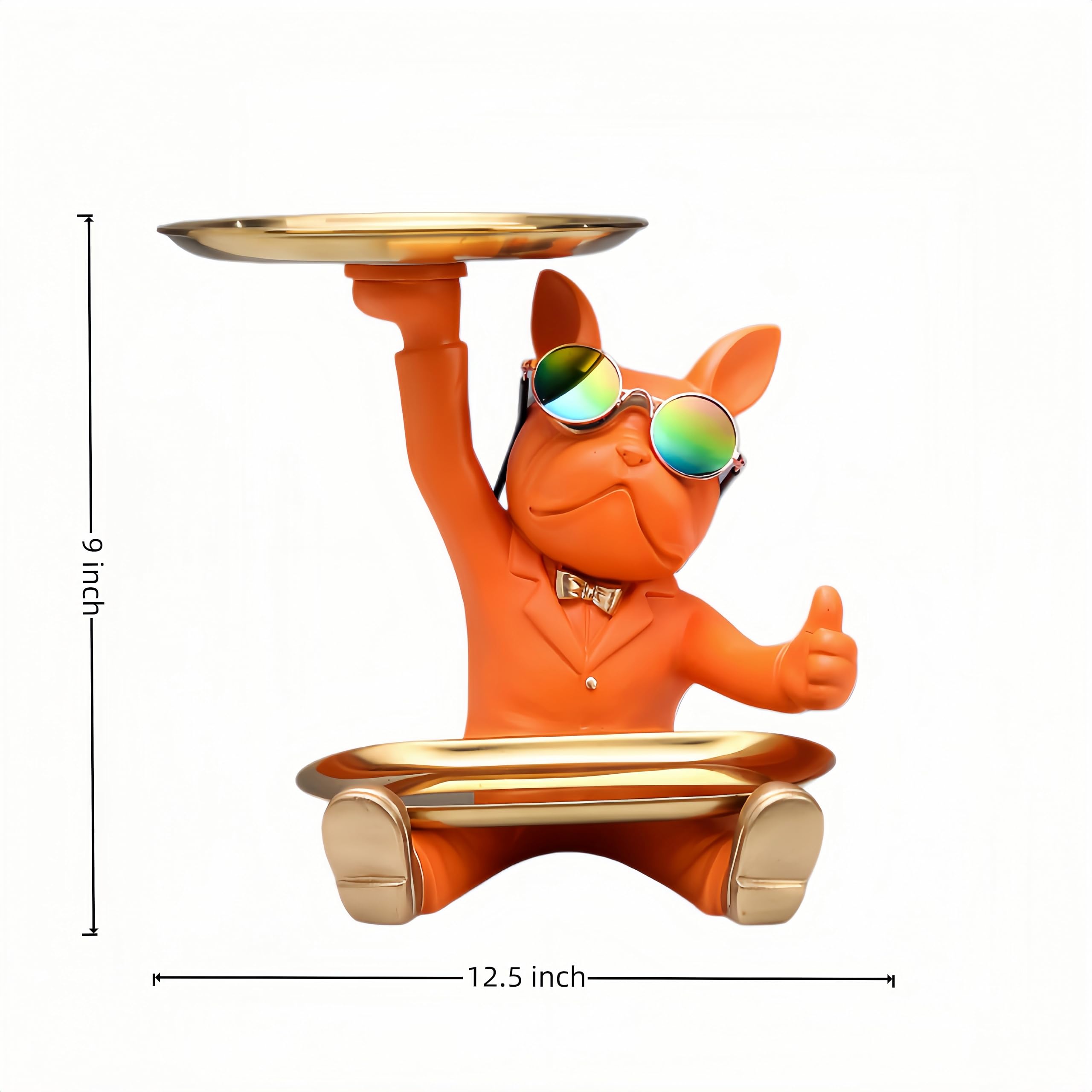 Statua buldoga francuskiego, taca na klucze z żywicy, importowana taca na klucze, idealna do przechowywania małych przedmiotów na biurkach i biurach (pomarańczowa, siedząca)
