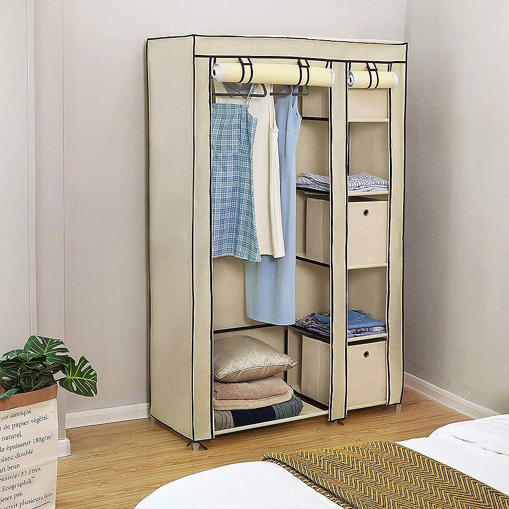 Armarios de Tela para Ropa, Armario Ropero con Varillas, Armario Portátil, Resistente al Polvo Estantería de Almacenaje, Dormitorio, Estudio (Beige, 110 * 45 * 175cm)