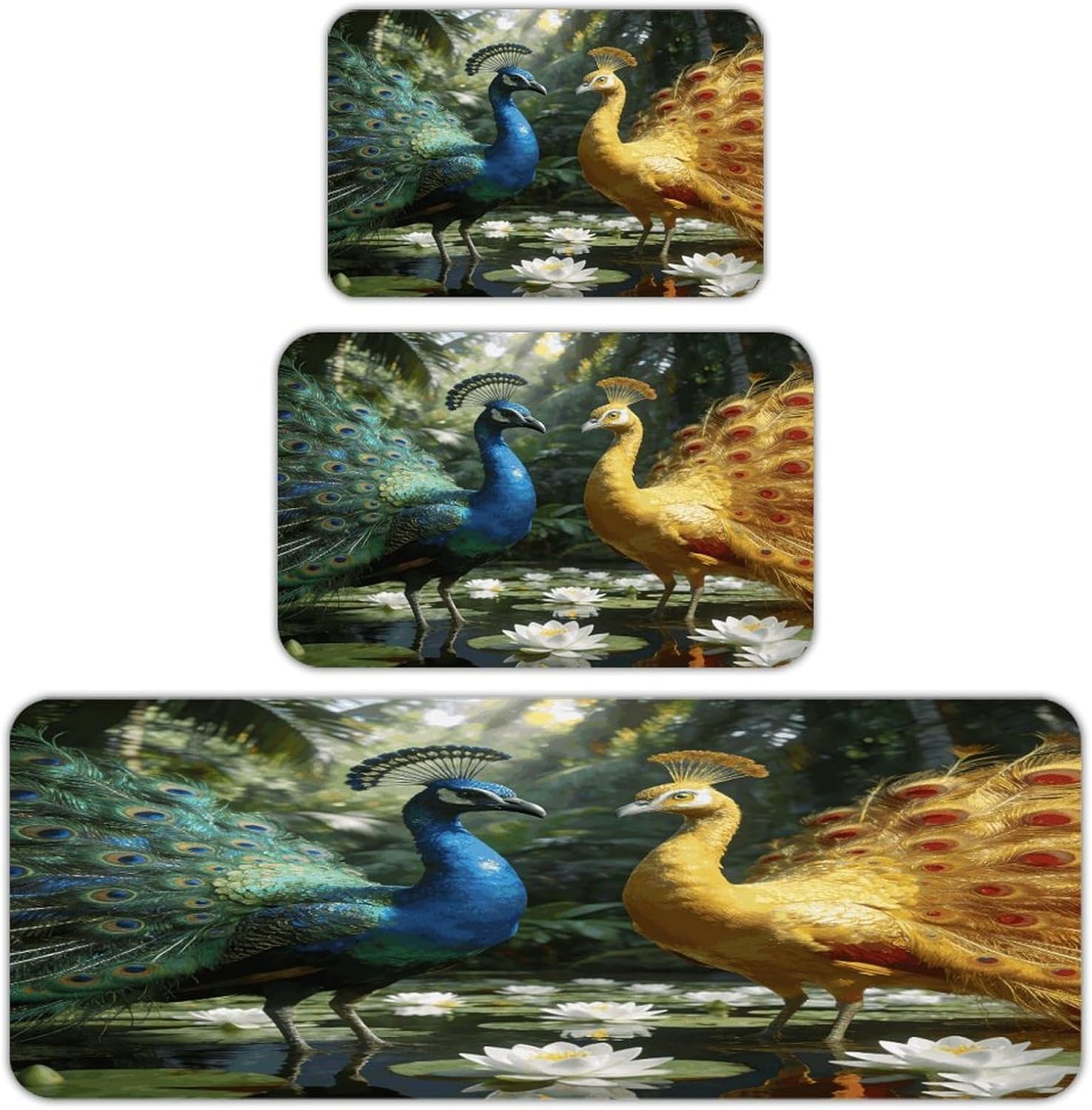 Double Peacock Kitchen Rugs Sets of 3 Non Slip Kitchen Mat for Floor Comfort Standing Rug and Mats Thick Cushioned Long Area Carpets for Laundry Room Entryway
