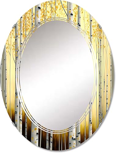 DesignQ Golden Birch Trees Forest III- Vanity Mirror, Bathroom Mirrors, Wall Mirrors for Living Room, Bedroom - Oval Mirror - Large 20'x30', 24'x36'