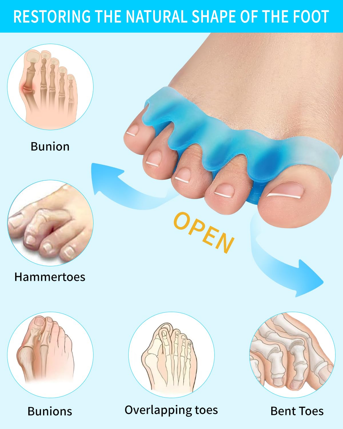 Huifoo 6 sztuk separatorów palców z silikonu, separator palców z silikonu dla prawidłowego hallux valgus, separator palców do pedicure hallux valgus, uniwersalny rozmiar dla kobiet i mężczyzn