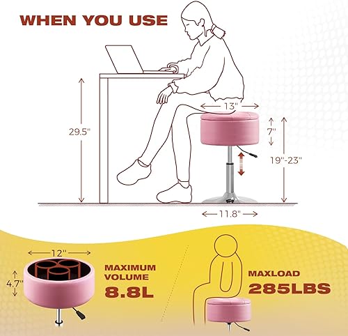 Miniatura 3 de GREENSTELL Taburete de tocador con almacenamiento, silla de tocador de piel sintética ajustable de 19 a 23 pulgadas, taburete de maquillaje
