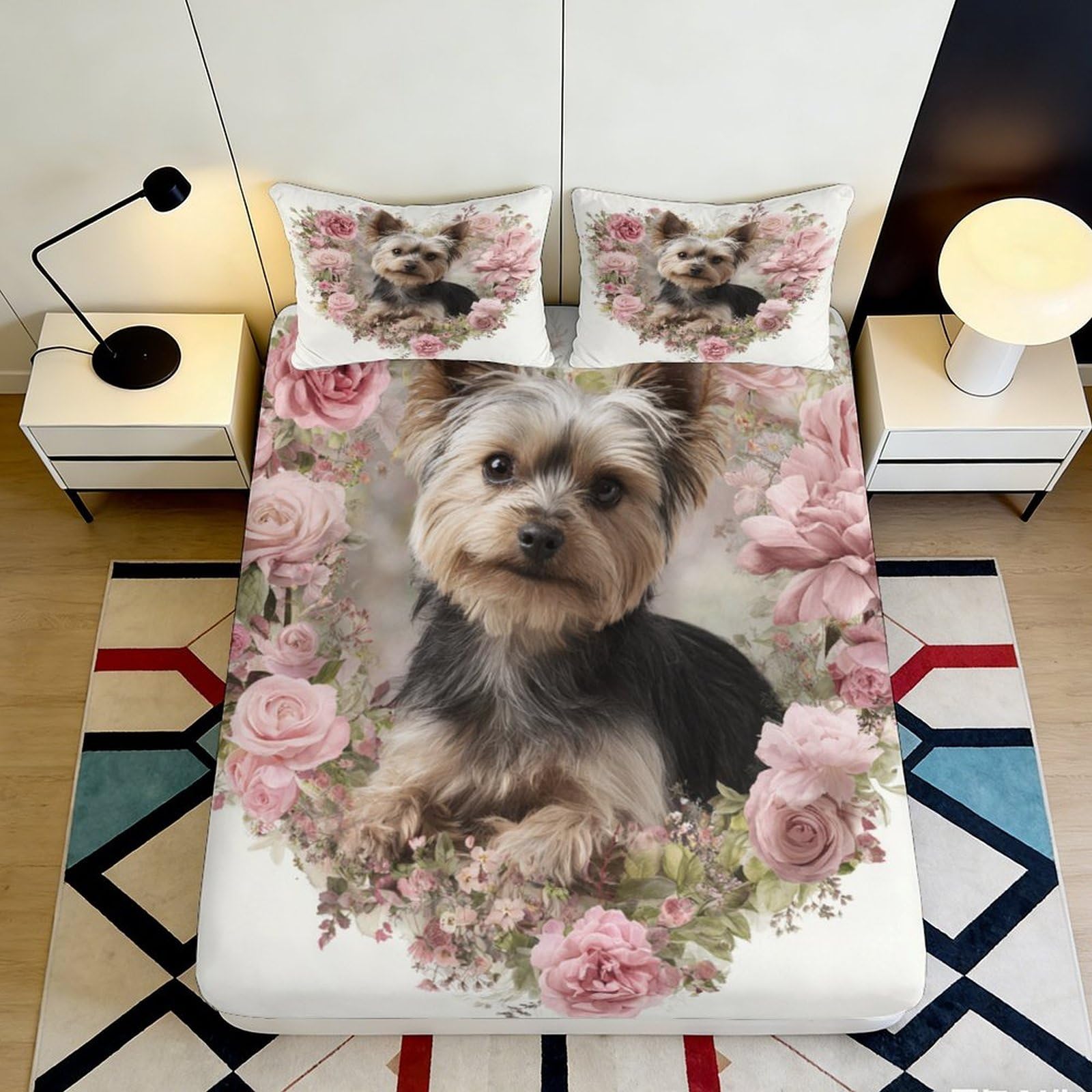 Dhbaneiok Style-9 3D Printed Yorkshire Terrier Floral Fitted Sheet Microfiber Soft Decor Bed Cover For Bedroom Guest Room Mattress Protection 90X200x25cm
