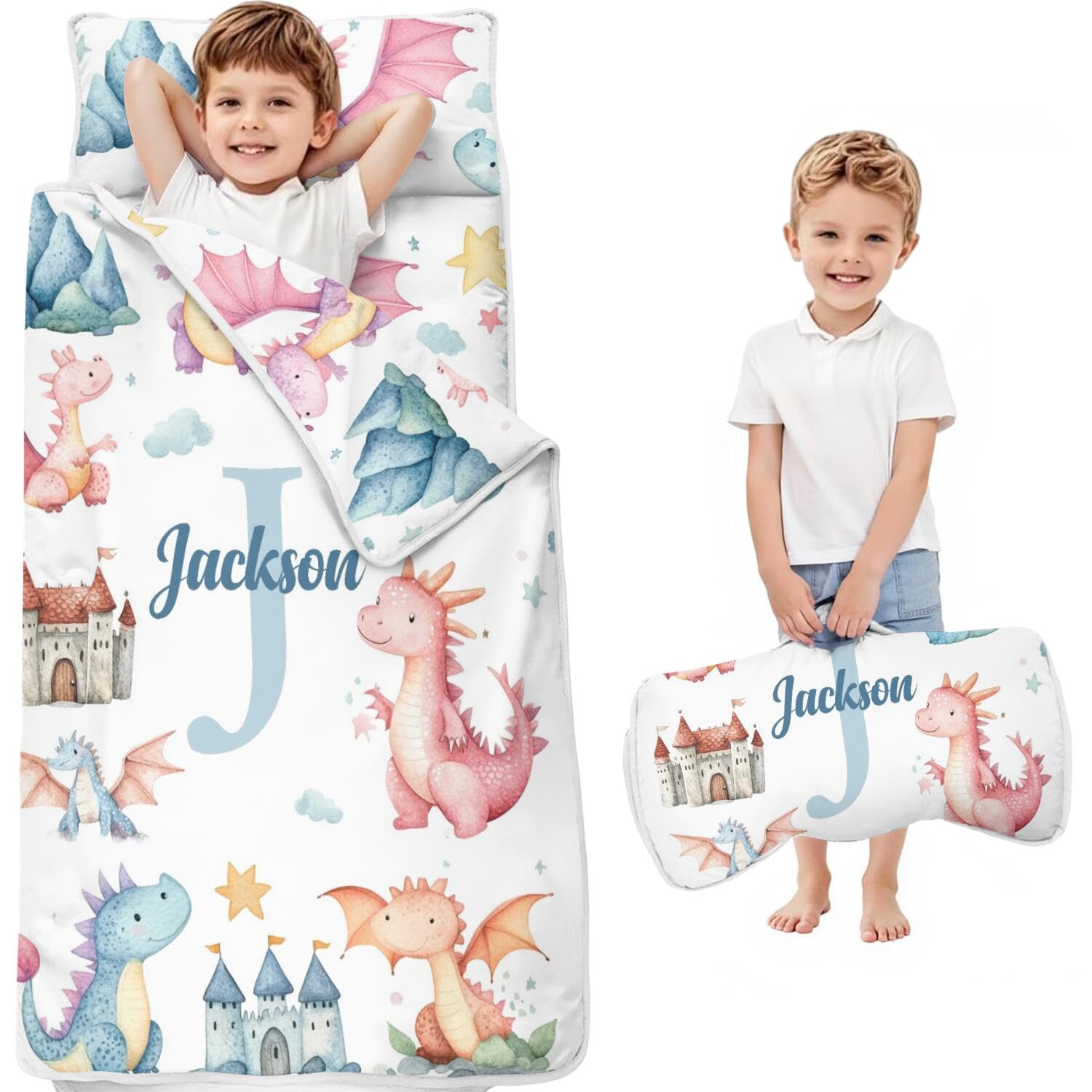 Personalized Dragon Toddler Nap Mat with Name for for Preschool Daycare, Customized Kids Sleeping Bags with Pillow and Blanket for Boys Girls, Toddler Roll Up Napping Mat, Kids Slumber Bags