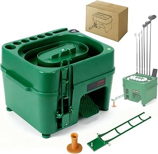 NzEupno Semi-Automatic Golf Ball Tee-Up Machine, Golf Balls Dispenser, Golf Swing Trainer with 6 Club Slots, Foot Pedal & Phone Holder for Driving Ranges, Indoor, Outdoor