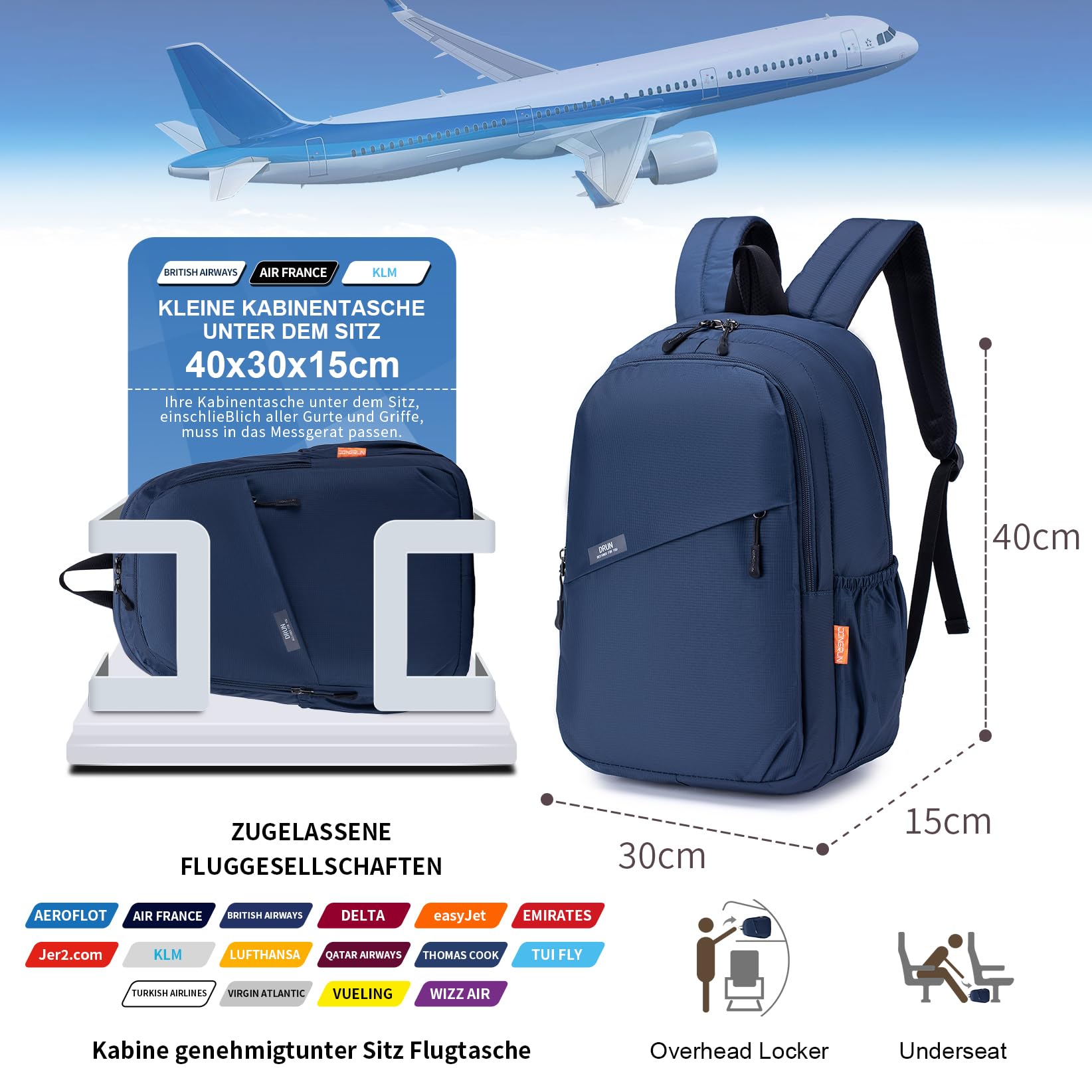 40 x 30 x 15 cm plecak podróżny pod siedzeniem torba kabinowa bagaż British Airways Wizzair lekki wodoodporny nylonowy plecak podróżny, rozmiar kabinowy do samolotu, bagaż podręczny z