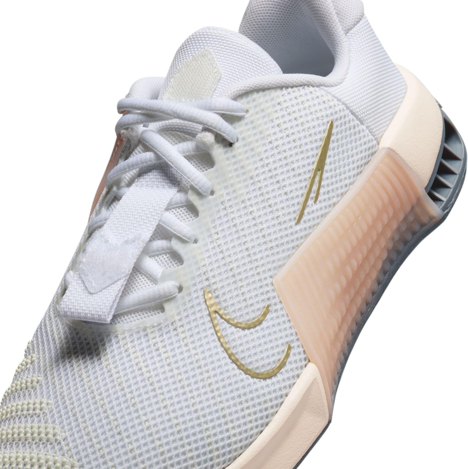 Nike Metcon 9 AMP Women's Workout Shoes (DZ2537-104, White/Metallic Gold Grain/Sanddrift/White) Size 8