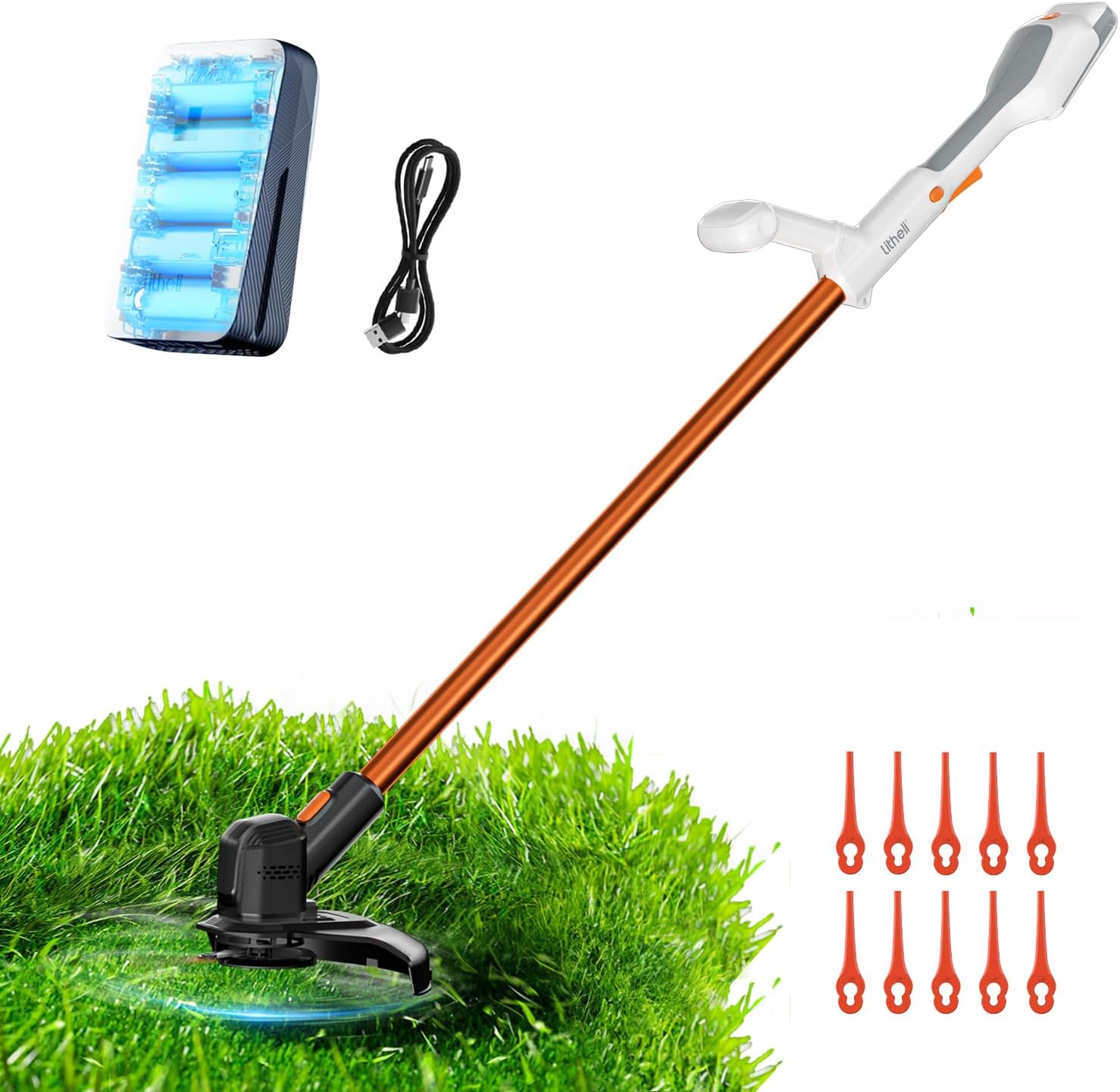 Litheli Coupe-bordures sans fil 20 V, débroussailleuse légère avec batterie 2,0 Ah, largeur de coupe 25 cm, tête orientable, poignée réglable, 10 lames en plastique, pour bordures de pelouse et jardin — vue 2