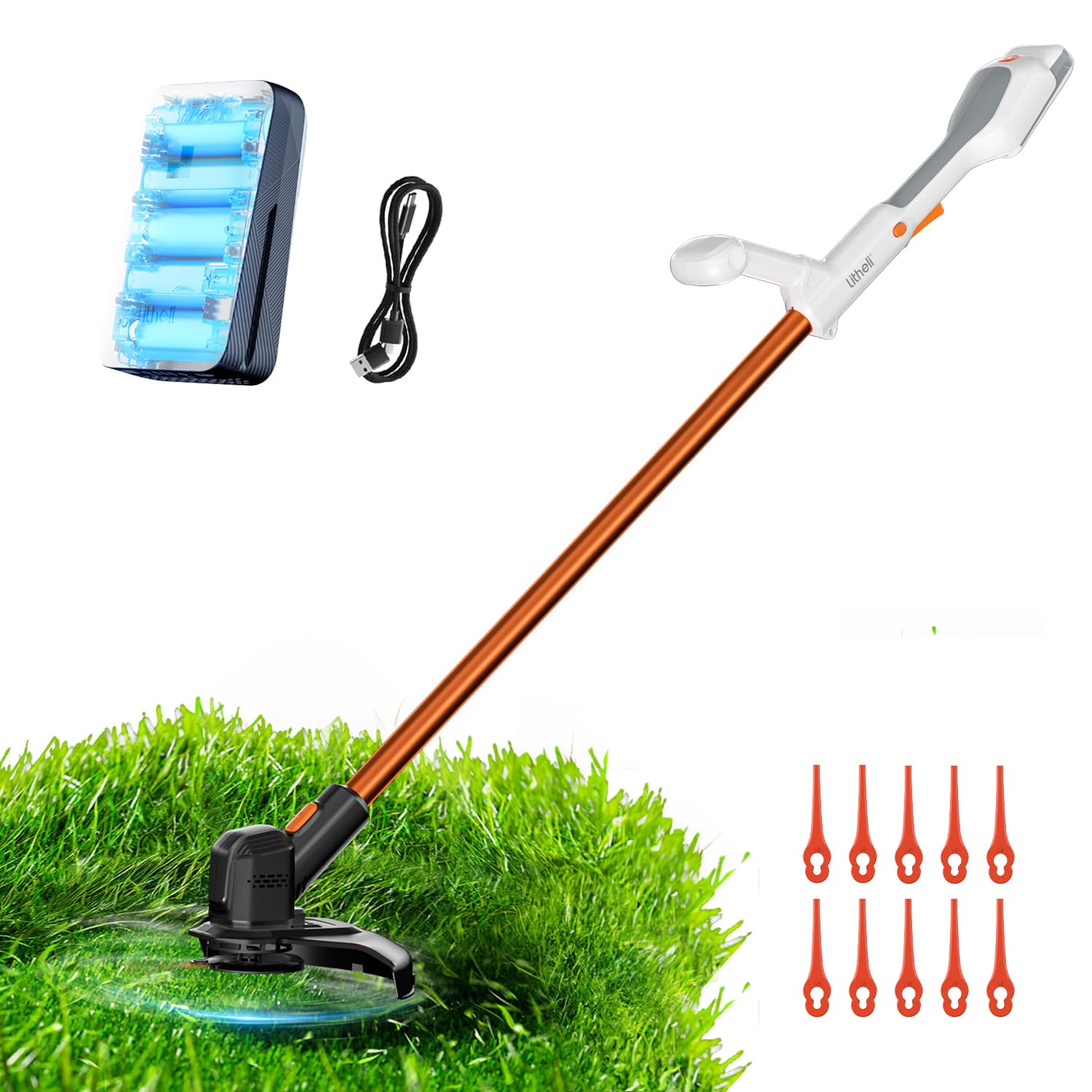 Litheli Desbrozadora con batería de 20 V, 25 cm con batería y potente motor, batería de 2,0 Ah, adecuada para césped de jardín y corte exterior, cortacéspedes