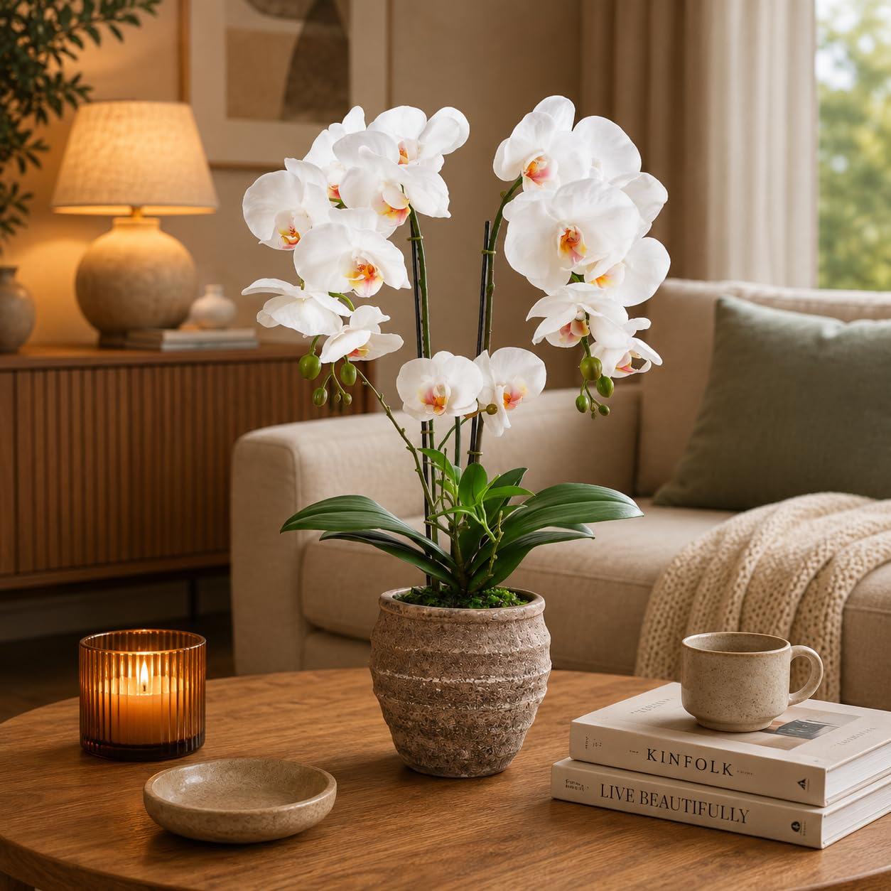 PASCH® Orchidées artificielles (60 cm) dans un pot cube en pierre fait à la main - Fleurs artificielles comme de vraies orchidées artificielles en pot - Fleurs artificielles en pot - Orchidée