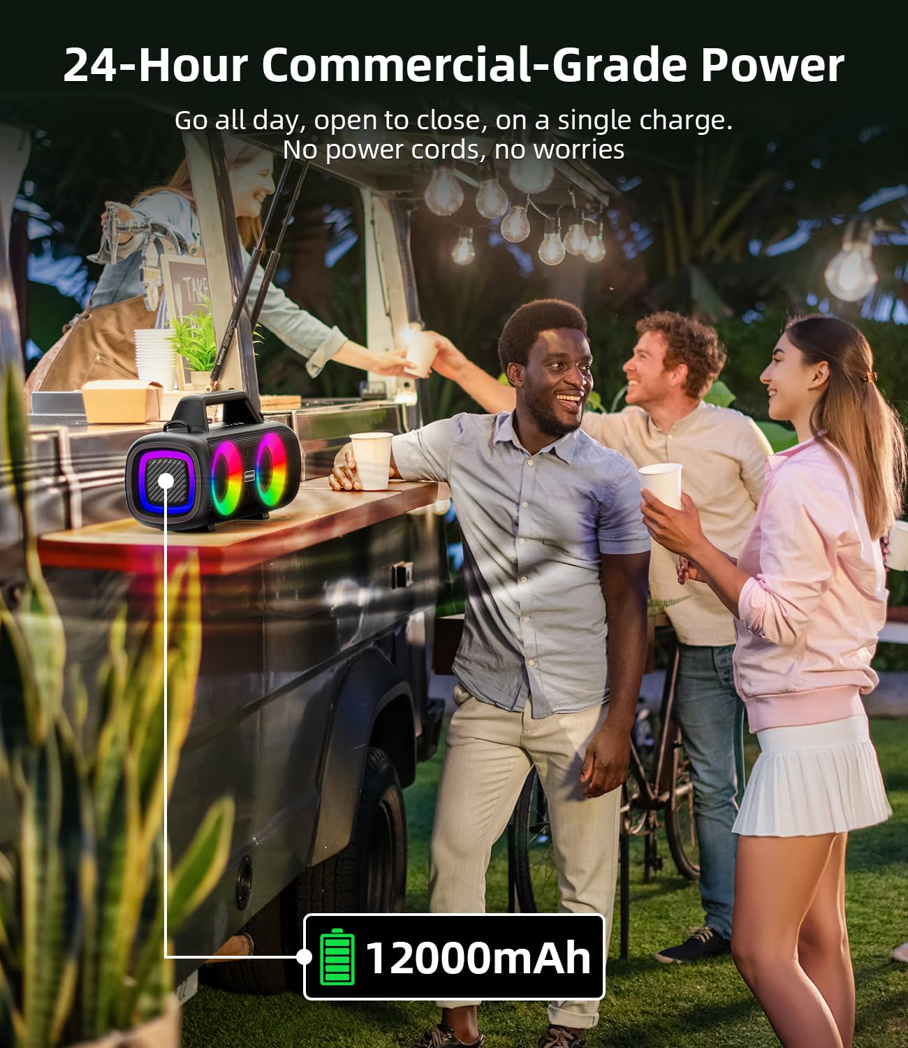 Cassa Bluetooth Portatile, 140W Potente con 2 Subwoofer e 2 Tweeter, Impermeabile IP65 per Esterni, Batteria 24h, Luci RGB, per Feste, Giardino, Spiaggia - Connessioni AUX/USB/TF e TWS