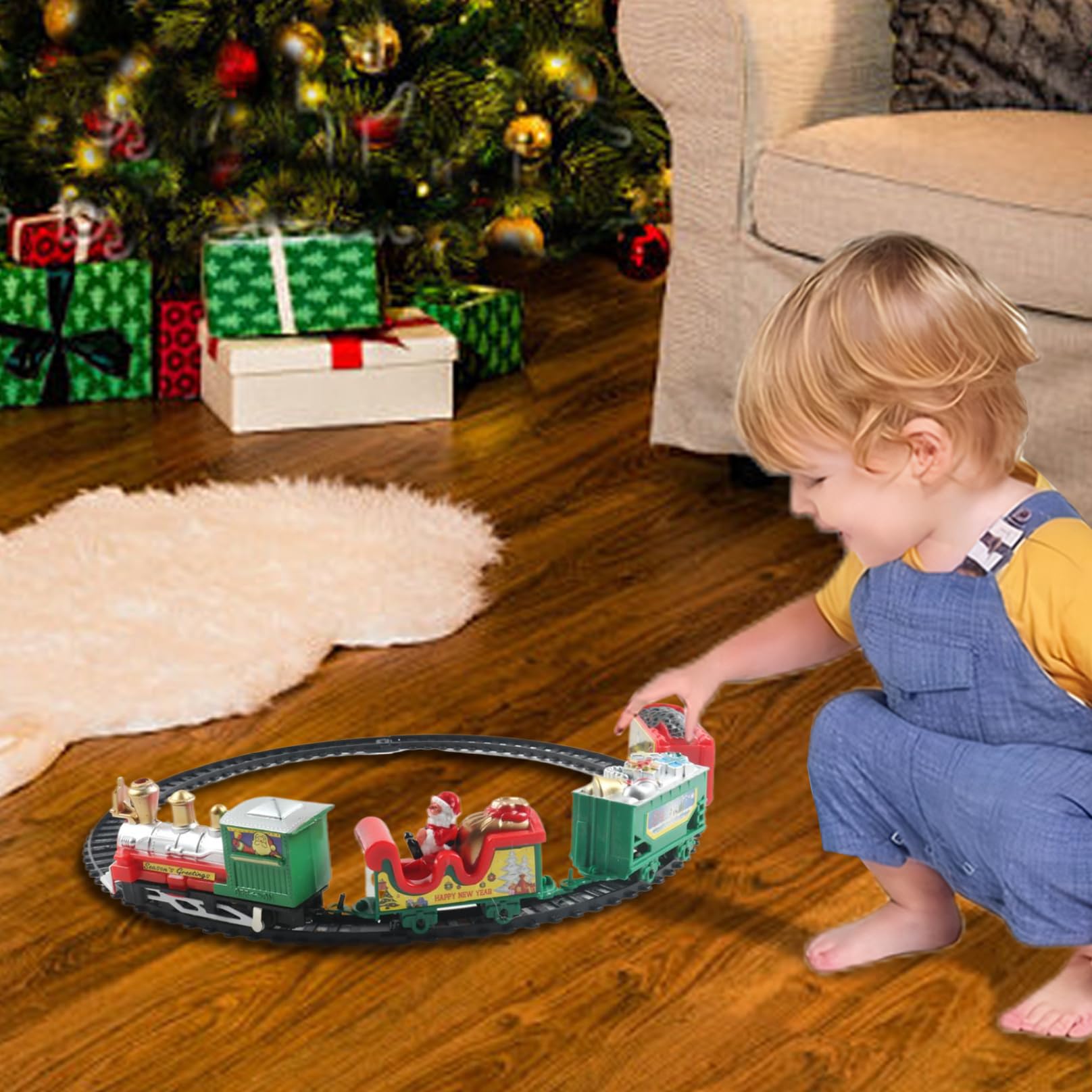 Jorzer Ensemble de Train électrique pour Enfants 11 x 7 x 1, Mini Train de Noël simulé avec 4 Voitures et Voies, Cadeaux Noël Classiques pour garçons et Filles (sans Batterie)