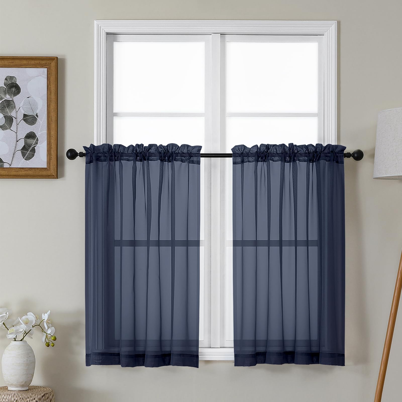 Navy Blue Sheer Kitchen Curtains 36 Inch Length, Light Filtering Voile Soft Airy Small Cafe Curtains, Short Window Curtain for Bathroom Basement, 42x36 inch, 2PCS