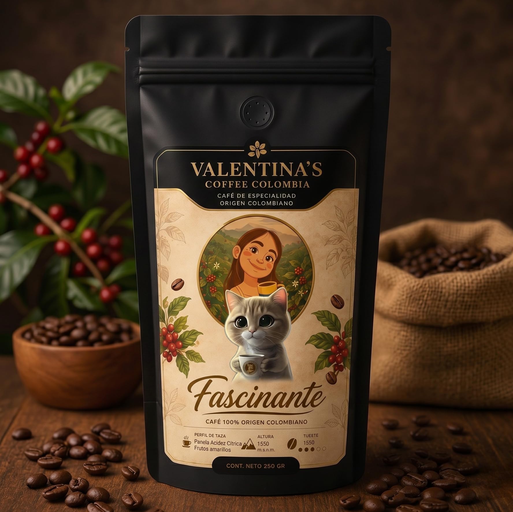 Valentina's Coffee | Fascinante | 1000 gr | En Grano | Sabor Dulce de panela, frutos amarillos y acidez citrica brillante | Intensidad Media | 100% Café Colombiano de Especialidad