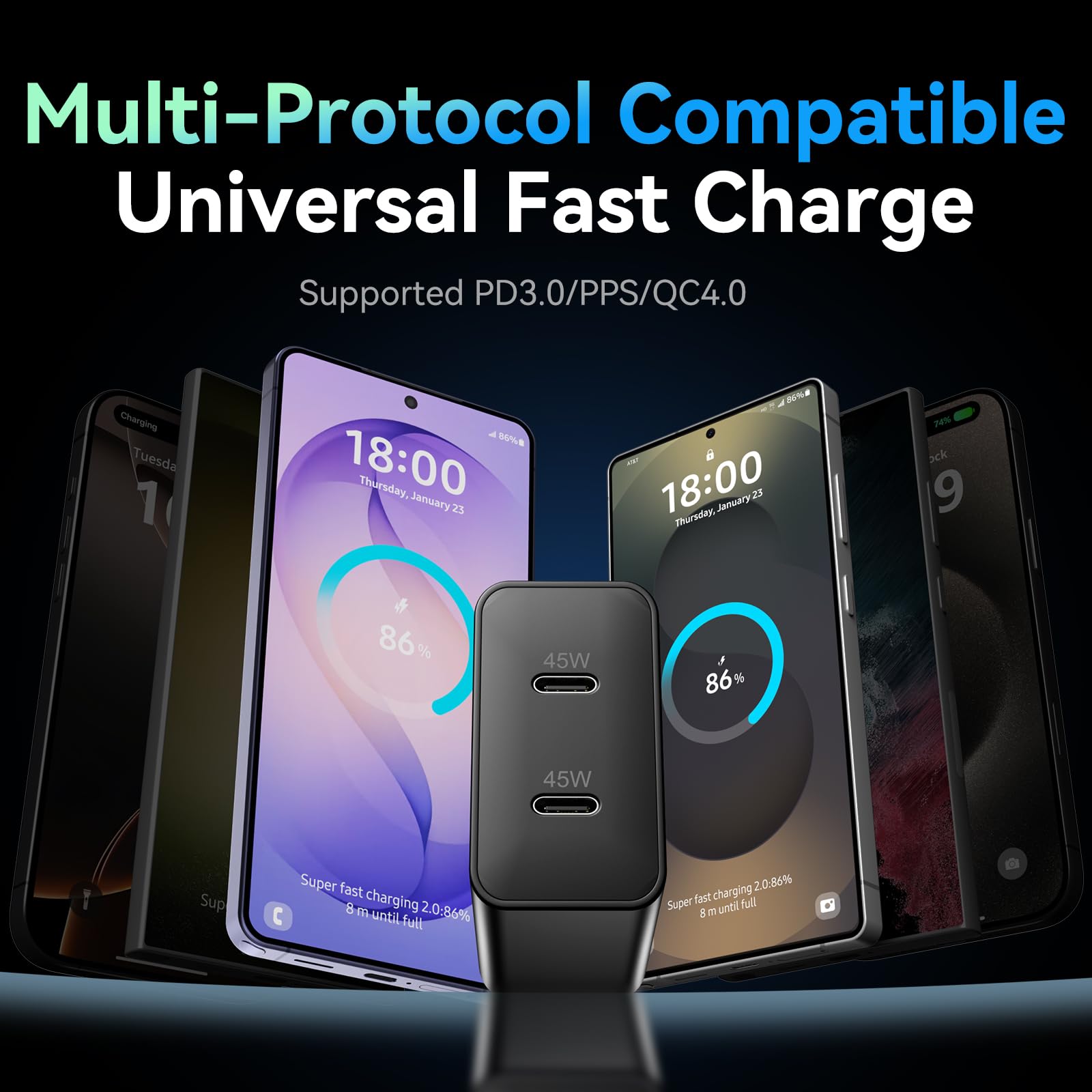 2 caricabatterie super veloci da 45 W a 2 porte di tipo C con cavo USB C da 3 m con blocco caricatore per telefono Android per Samsung Galaxy S25 Ultra/S25+/S24/S24 Ultra/S23/S22/S20/Note10+
