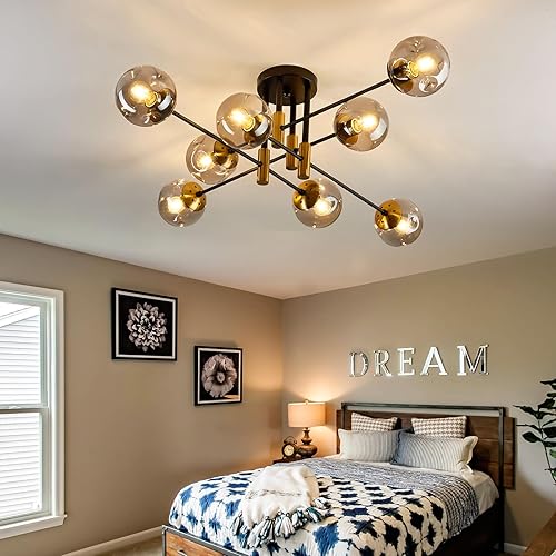 Miniatura 7 de SZXYKEJI Lámpara de techo con forma de globo de cristal de 8 luces, color negro y dorado de mediados de siglo, lámpara Sputnik de montaje empotrado,