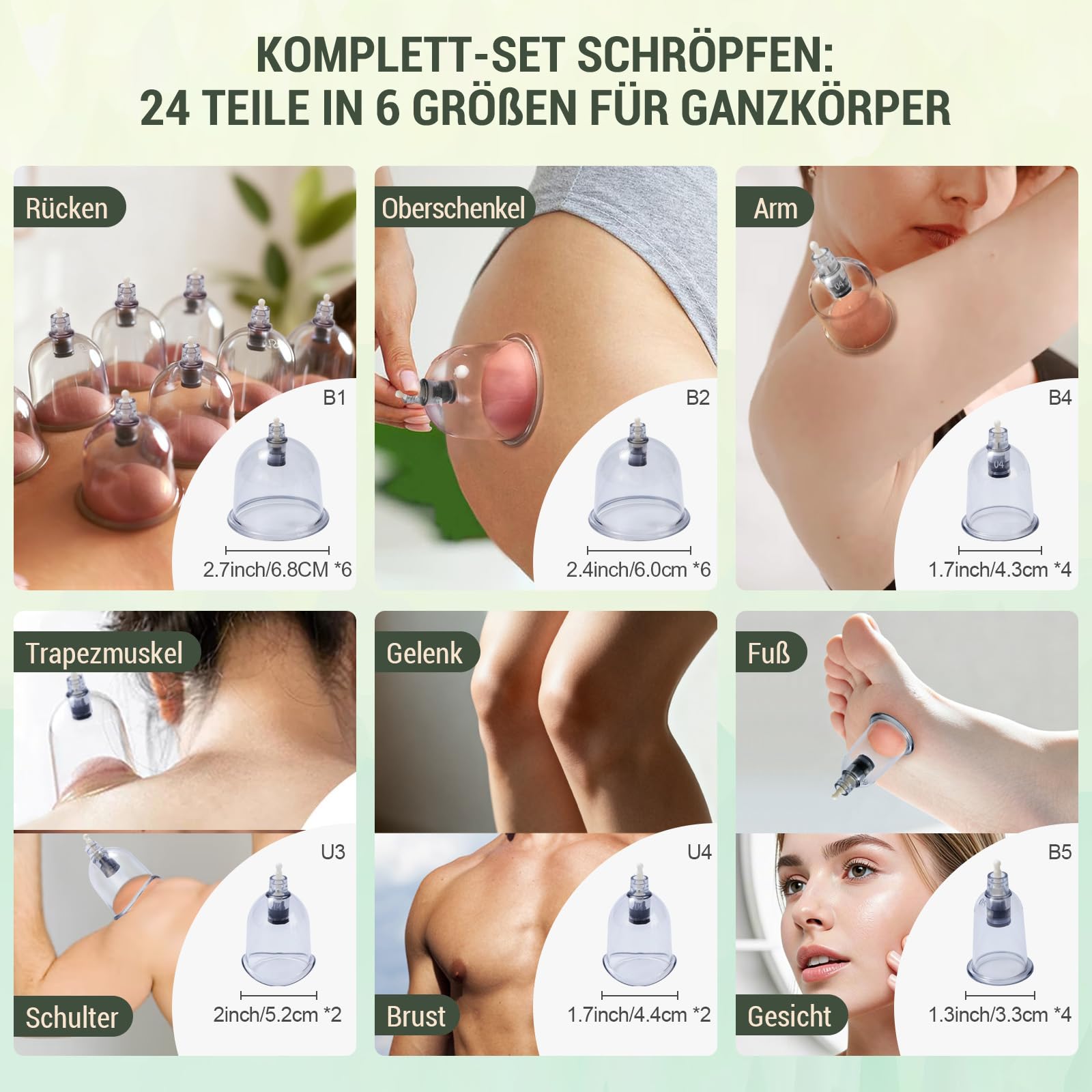 Schröpfgläser mit Vakuumpumpe, (24 Stück) Schröpfglas für Gesicht und Körper,Schröpfen set für Lymphdrainage，Muskelentspannung und gegen Cellulite，Schröpfset mit MiNi-Akupressurpunkt und Gua Sha-Brett
