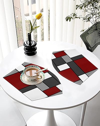 Miniatura 5 de Juego de 4 manteles individuales de mesa redondos, contemporáneos, burdeos, rojo, negro y blanco, cuadrados en forma de cuña, aislamiento térmico