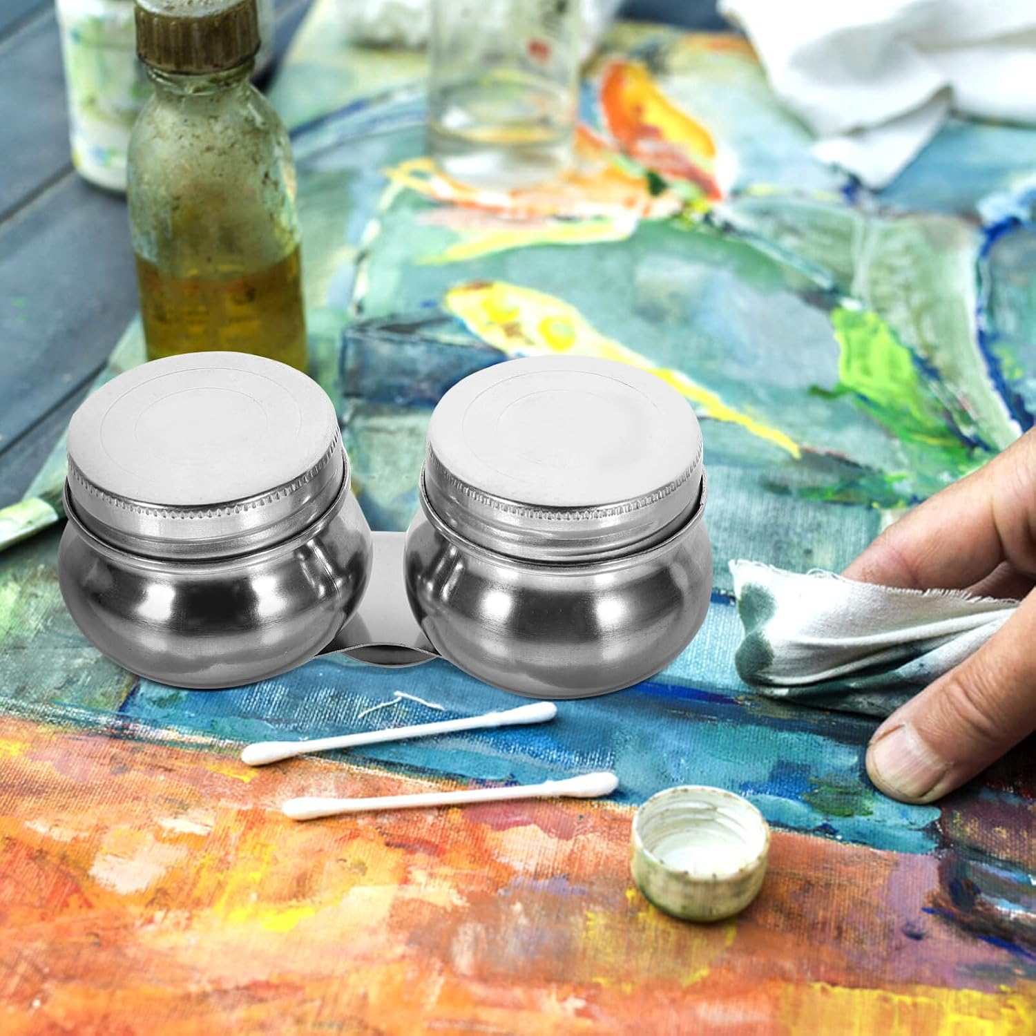 2pcs Stainless Steel Palette Cup Lid Portable Painting Supply for Oil and Watercolor Multi-Function Brush Washing Container and Mixing Tool