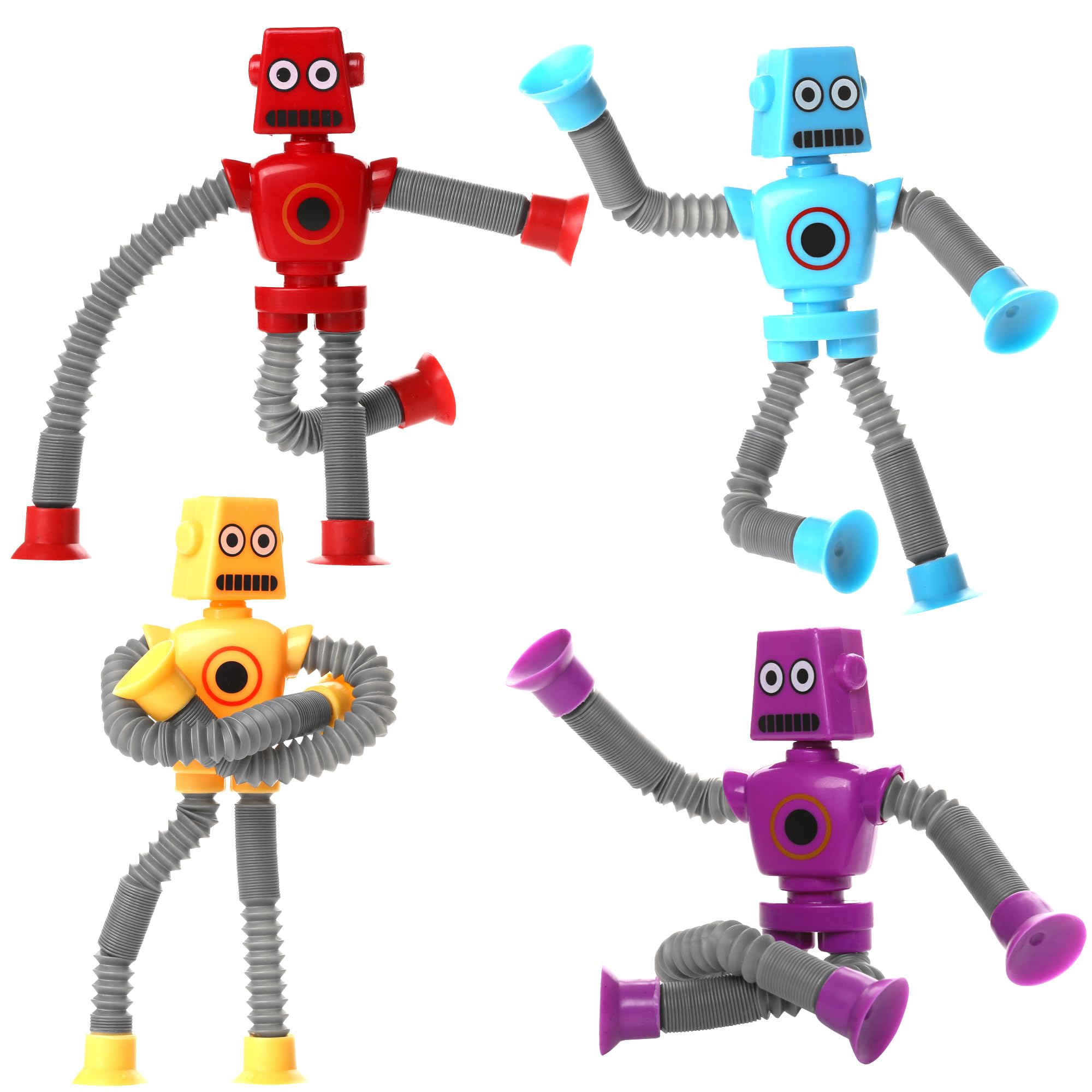 Bendable Robot Sensory Toys - Set of 4 Flexible Fidget Toys, Telescopic Suction Cup & Pop Tube Robot Stocking Stuffer, for Grandkids, Autism Toys for Toddler Kids 3-12