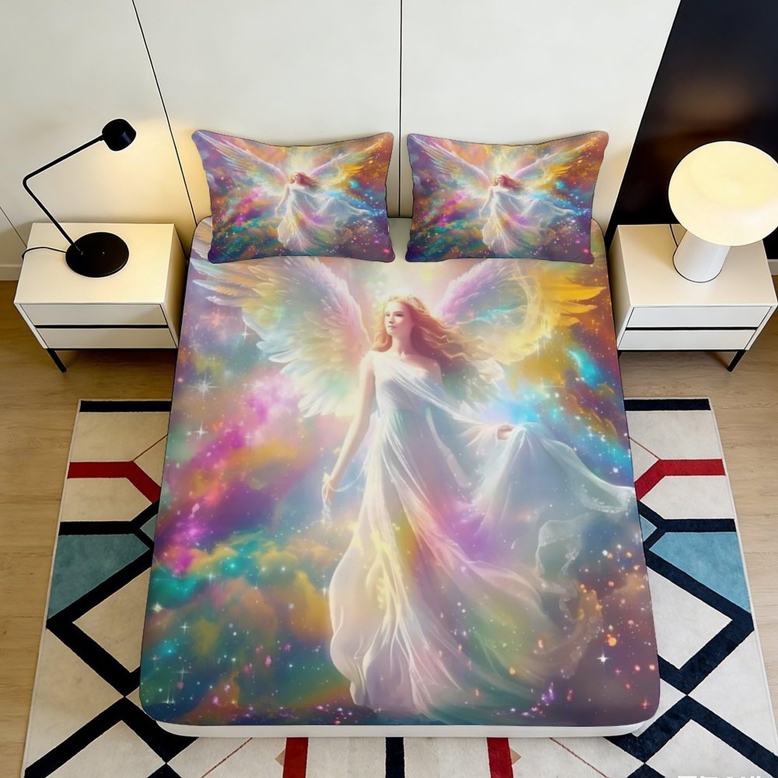 Pnayamiorkfel Style-10 3D Printed Fantasy Angel Fitted Sheet Microfiber Soft Colorful Wings Mattress Cover For Bedroom Dorm Decorative Protection 90X200x25cm