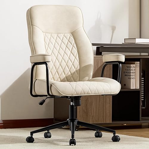 Miniatura 9 de Silla de escritorio de cuero para oficina en casa, cómoda silla de oficina moderna de mediados de siglo con soporte lumbar, silla giratoria