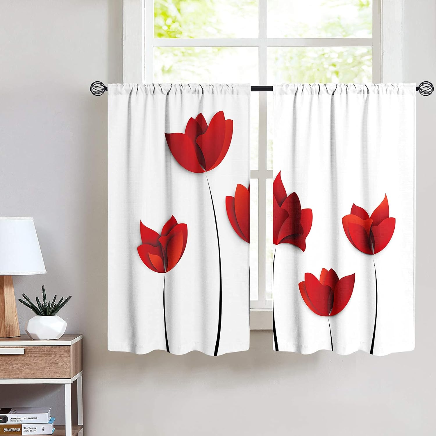 Miyotaa Red Flower Kitchen Curtains 2 Panels 27.5W x 39H Rod Pocket Floral Modern