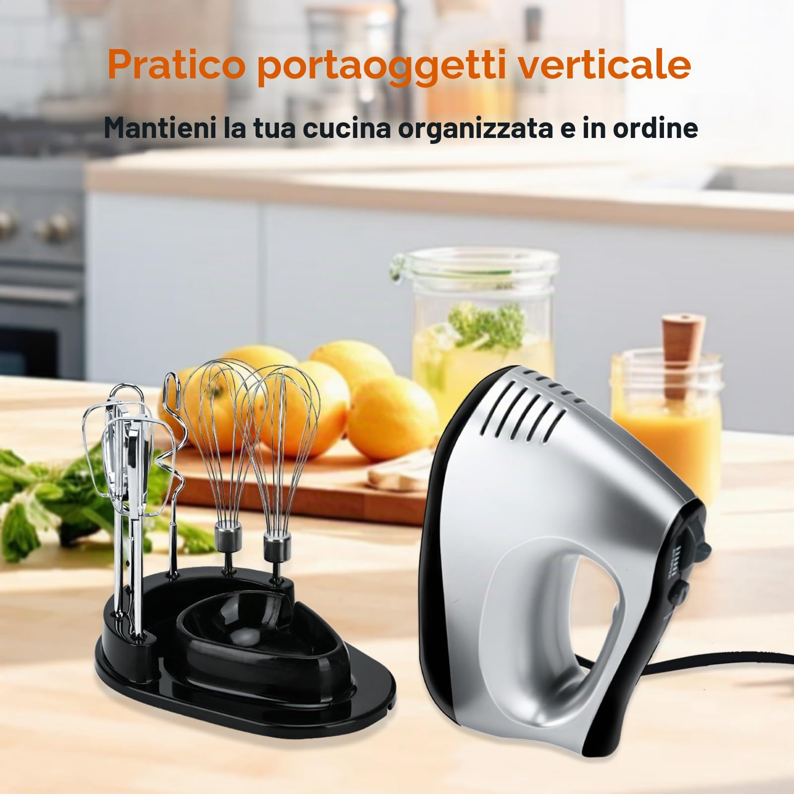 Lychee Frullatore Elettrico Anti-Spruzzo, Frusta a Mano con 5 Velocità e Turbo, Con Base di Stoccaggio, 6 Accessori in Acciaio Inox, Frullatore Elettrico per Cucina e Cottura, 300W