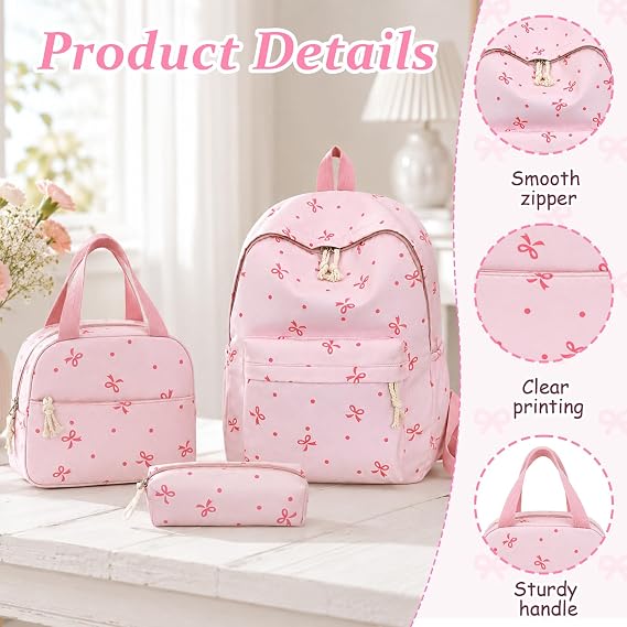 3-Piece Bow School Bag Set, Adorable Bow Bag, Pink Girls Backpack for School, Polyester Backpack + Lunch Bag + Pencil Case, for Teens Students Daily Use, Commute Travel Hiking Camping