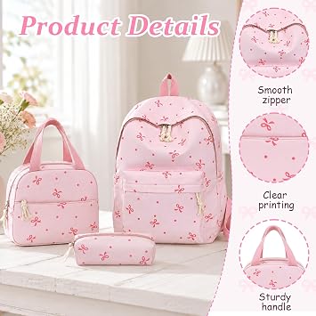 3-Piece Bow School Bag Set, Adorable Bow Bag, Pink Girls Backpack for School, Polyester Backpack + Lunch Bag + Pencil Case, for Teens Students Daily Use, Commute Travel Hiking Camping