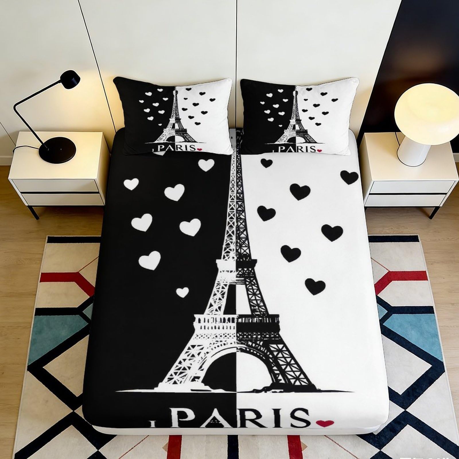 3D Printed Eiffel Tower Heart Fitted Sheet Microfiber Black White Paris Bed Cover Non Slip Bedroom Decor Machine Washable 160x200x25cm