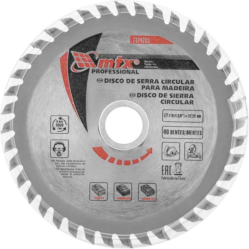 MTX Disco Circular Widea 110 mm × 22,23 mm × 40 Dentes – Aço 65G, Corte Longitudinal e Transversal de Madeira