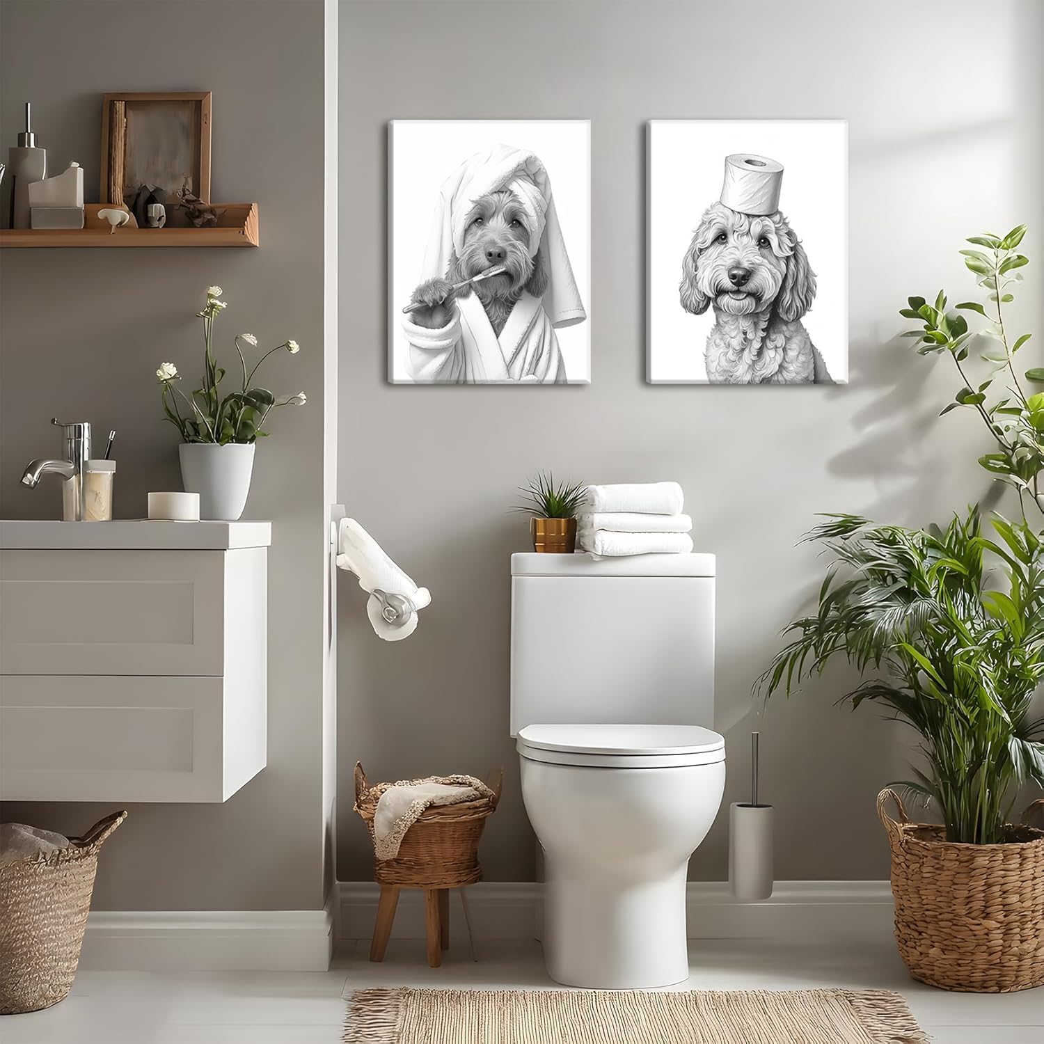Framed Funny Bathroom Canvas Wall Art Set of 3, Black and White Cute Dog Pictures Wall Decor, Humor Animal Paintings Toilet Signs Prints Home Decor for Restroom 12x16 inch - Image 5