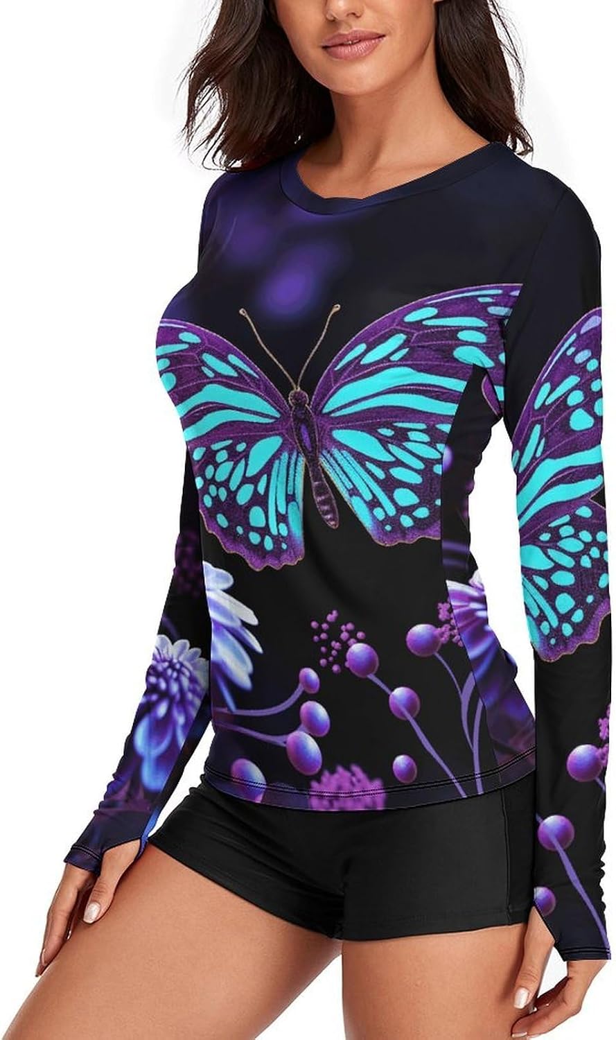 Purple Butterfly Flowers Rash Guard for Women UPF 50+ UV Sun Protection | Long Sleeve Workout Top Quick Dry Athletic Hiking Shirt Moisture Wicking Swim Shirt for Running, Cycling, Swimming
