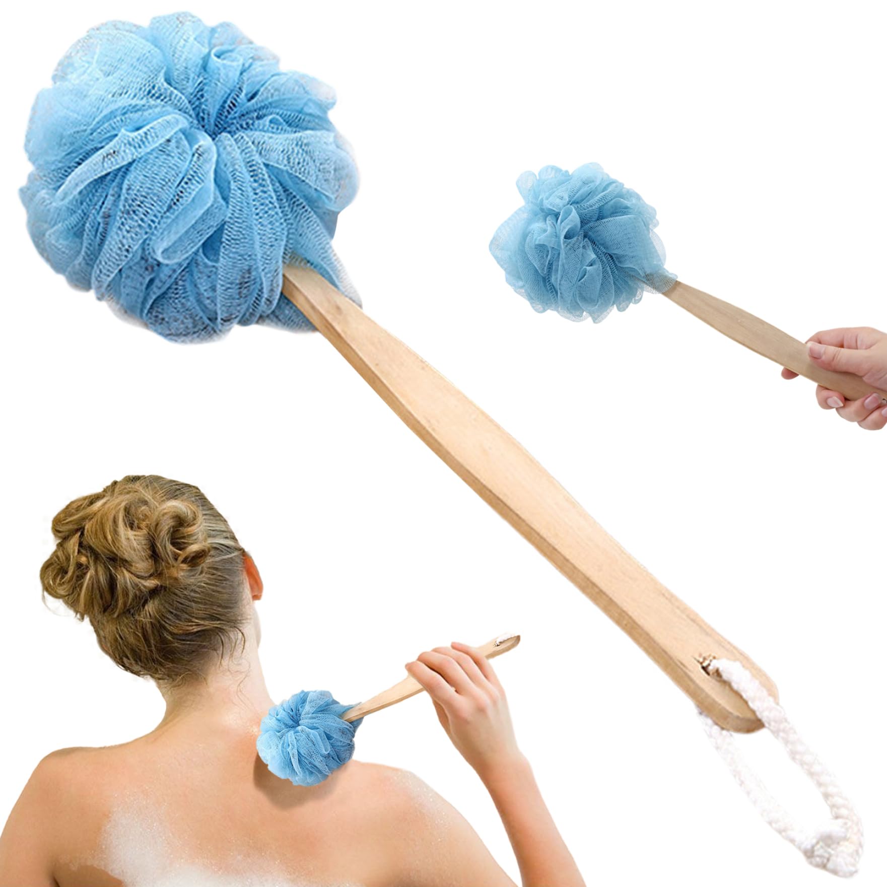 Esponja Con Mango Para Ducha Esponja De Ducha Con Mango Largo De Madera Cepillo De Ducha De Malla De Nailon Suave Esponjas De Baño Para Exfoliante Corporal