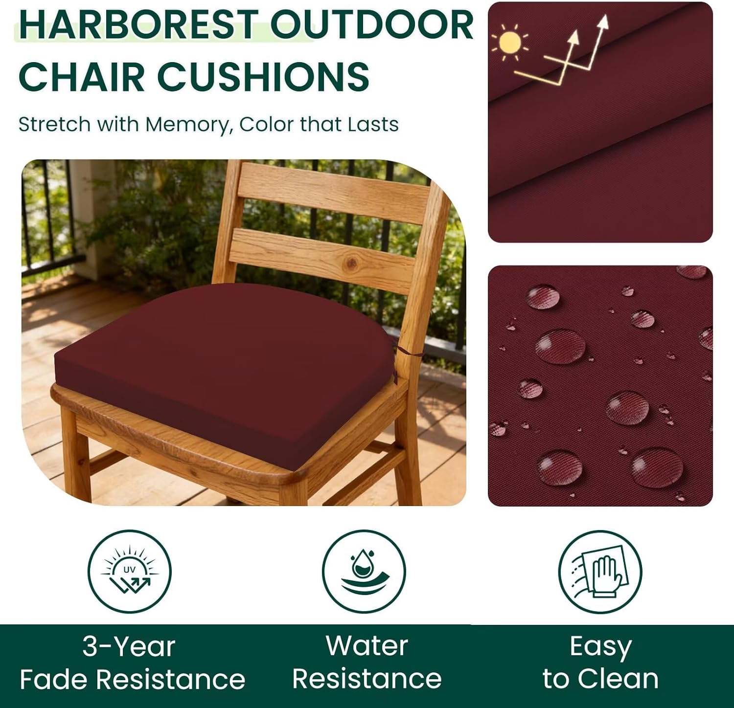 HARBOREST Outdoor Chair Cushions Set of 2, Water Resistant Patio Chair Cushions with Ties, Outdoor Seat Cushions for Patio Furniture, 17"x16"x2", Burgundy