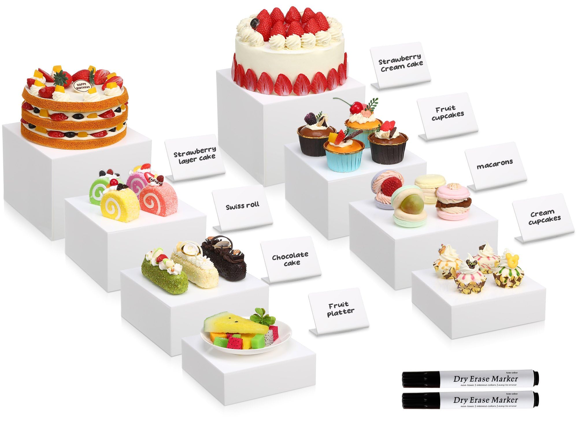 Geelin 8 Pack White Acrylic Risers and 8 Display Signs 2 Markers, 6 to 8 Inch Food Risers Display Stands, Buffet Stands Nesting Cube Boxes for