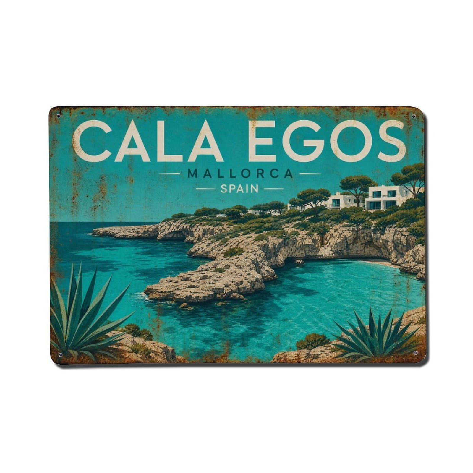 Fyrn Style Metal Tin Sign Vintage Travel Cala Egos Mallorca Twin Coves Turquoise