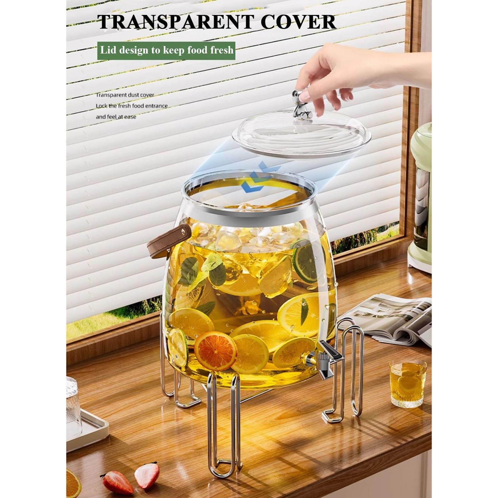Dispensador de Bebidas de Vidrio con Soporte y Tapa, Grifo de Acero Inoxidable A Prueba de Fugas, Dispensadores de Bebidas para Frigorífico, Dispensador de Limonada(9L)