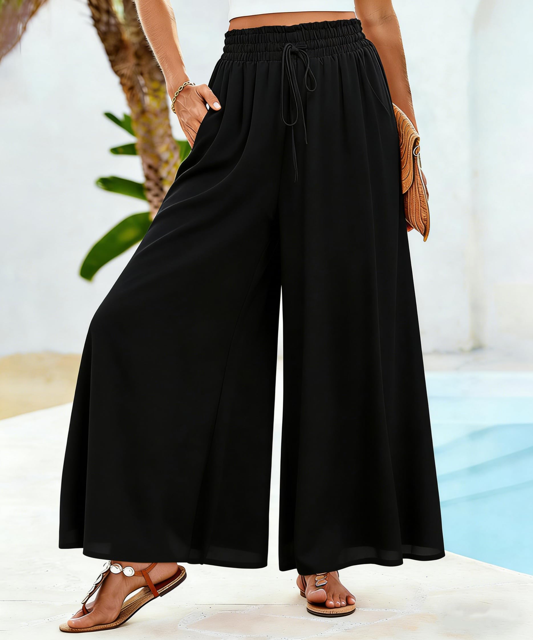 Pantalon à Jambes Larges pour Femmes Pantalon Léger et Décontracté Élégant Pantalons D'été Palazzo à Jambes Larges et Poches